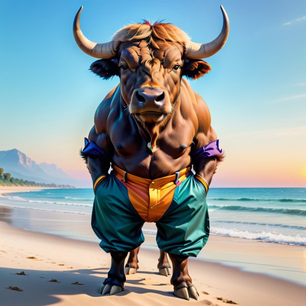 Image of a buffalo in a trousers on the beach