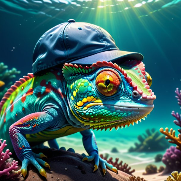 Dessin d'un caméléon dans un chapeau dans la mer