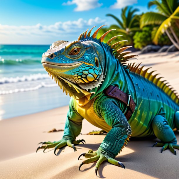 Image of a iguana in a belt on the beach