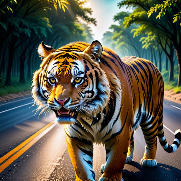 Pic of a crying of a tiger on the road