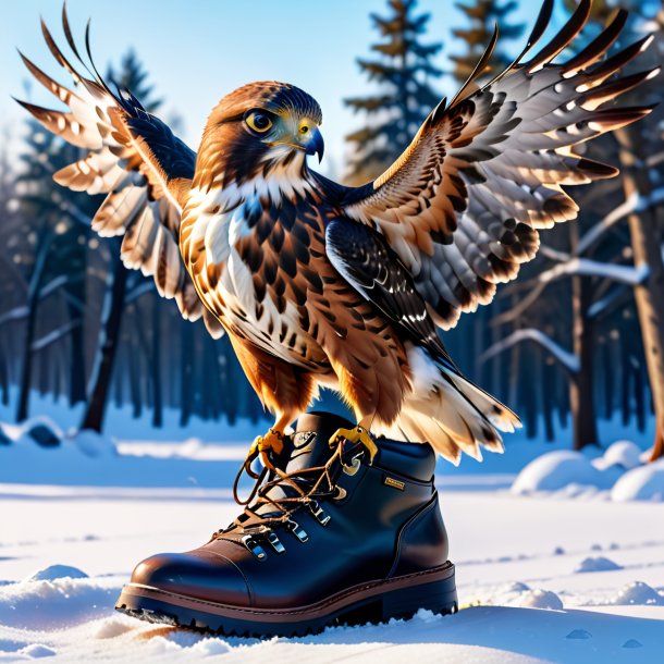 Foto de un halcón en un zapato en la nieve