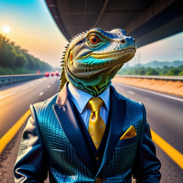 Foto de un lagarto monitor en una chaqueta en la carretera