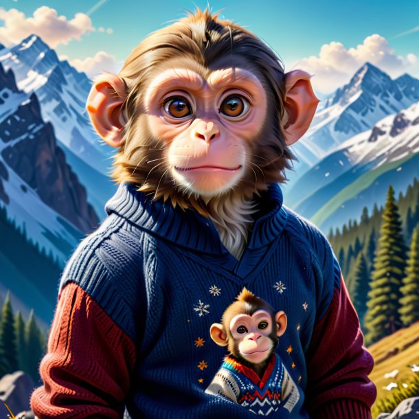 Picture of a monkey in a sweater in the mountains