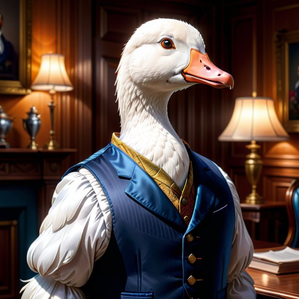 Illustration of a goose in a vest in the house