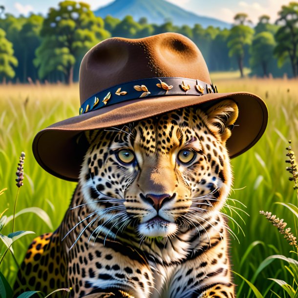 Image of a leopard in a hat in the meadow