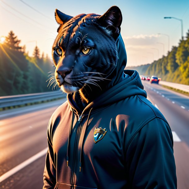 Foto de uma pantera em um hoodie na estrada