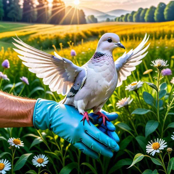 Image of a dove in a gloves in the meadow