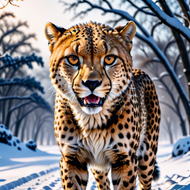 Photo of a threatening of a cheetah in the snow