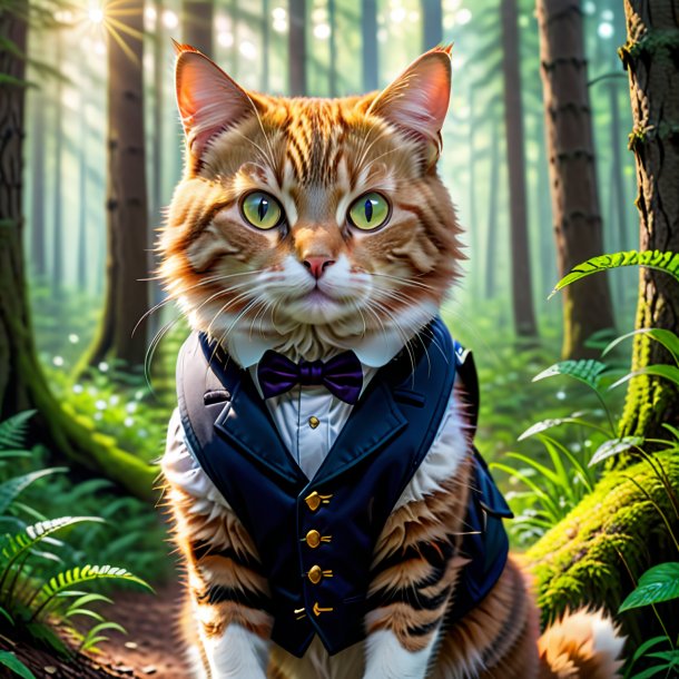 Pic of a cat in a vest in the forest