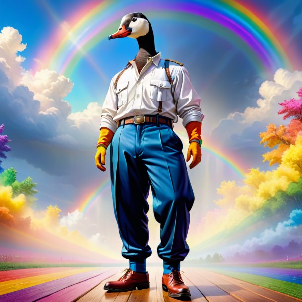 Drawing of a goose in a trousers on the rainbow