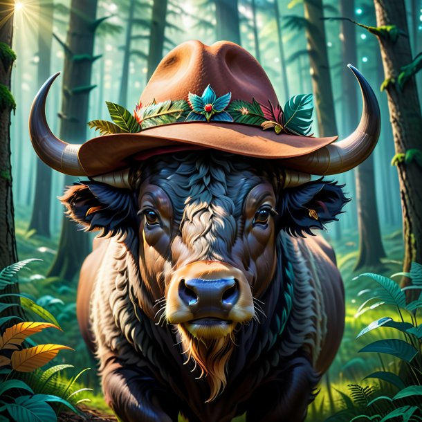 Illustration of a buffalo in a hat in the forest