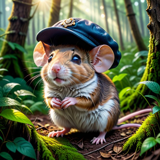 Photo of a mouse in a cap in the forest