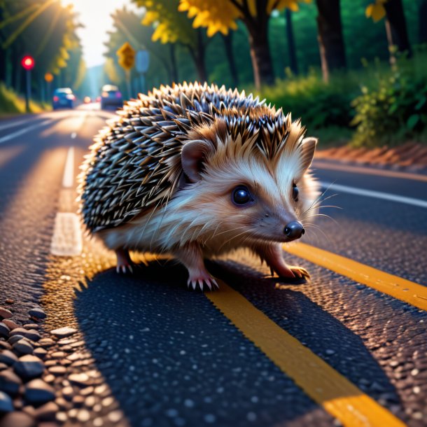 Pic of a hedgehog in a shoes on the road