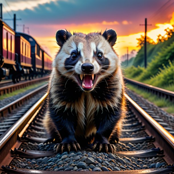 Image of a angry of a badger on the railway tracks