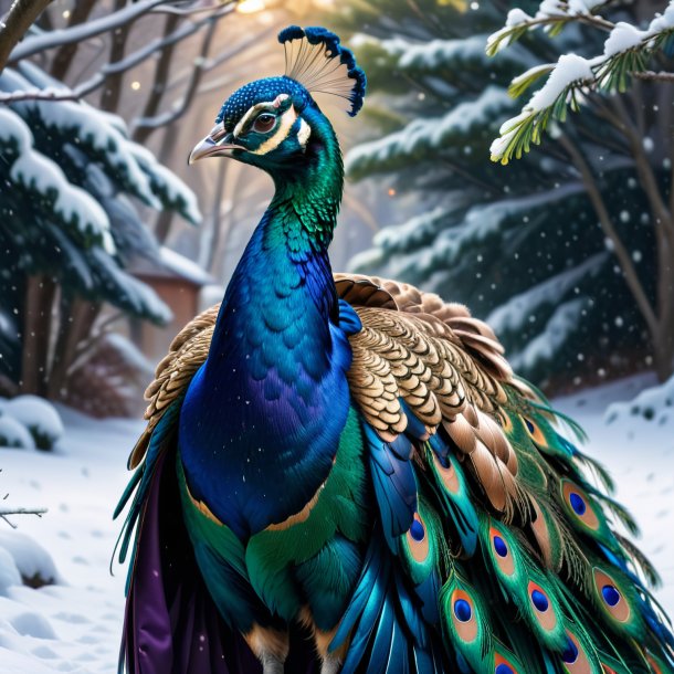 Imagen de un pavo real en un abrigo en la nieve