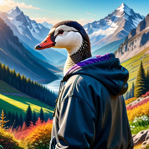 Drawing of a goose in a hoodie in the mountains