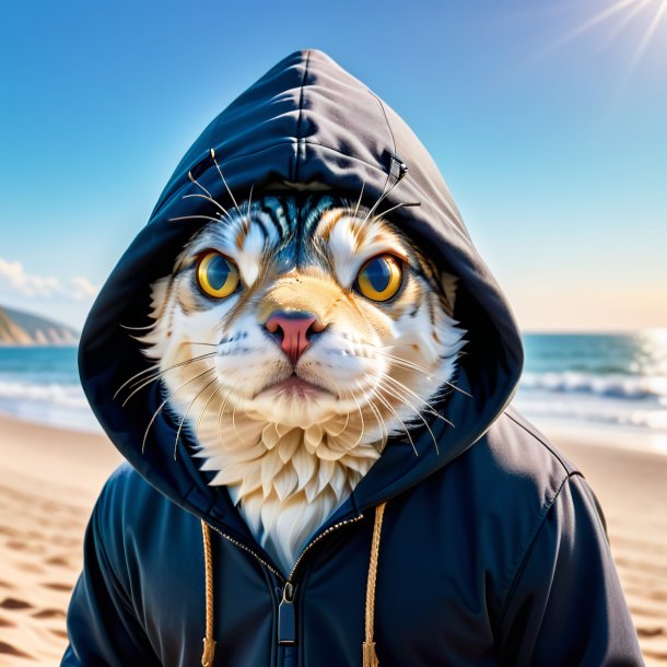 Photo of a haddock in a hoodie on the beach