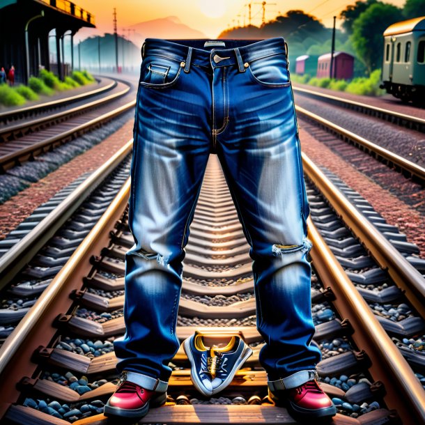 Picture of a sardines in a jeans on the railway tracks