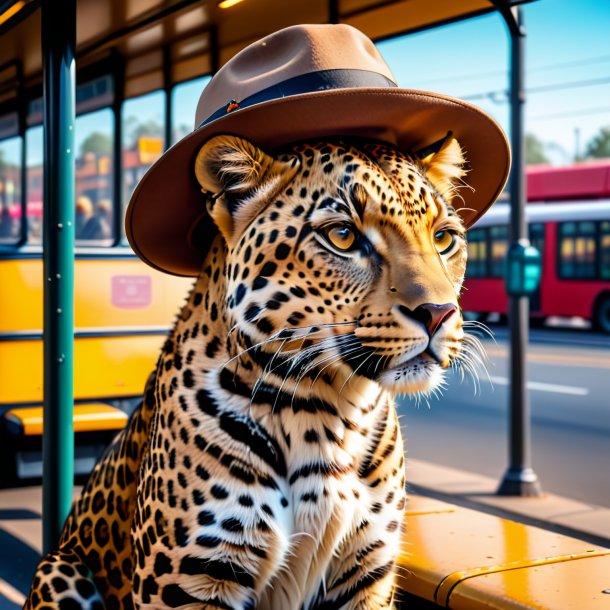 Imagem de um leopardo em um chapéu no ponto de ônibus