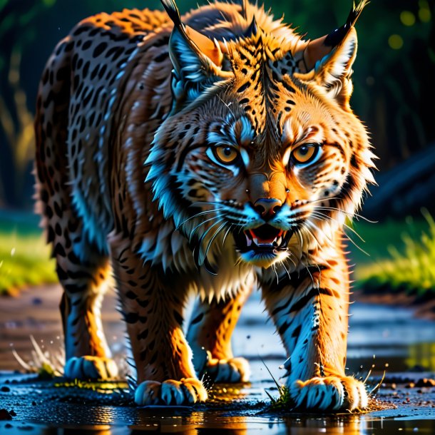 Picture of a angry of a lynx in the puddle