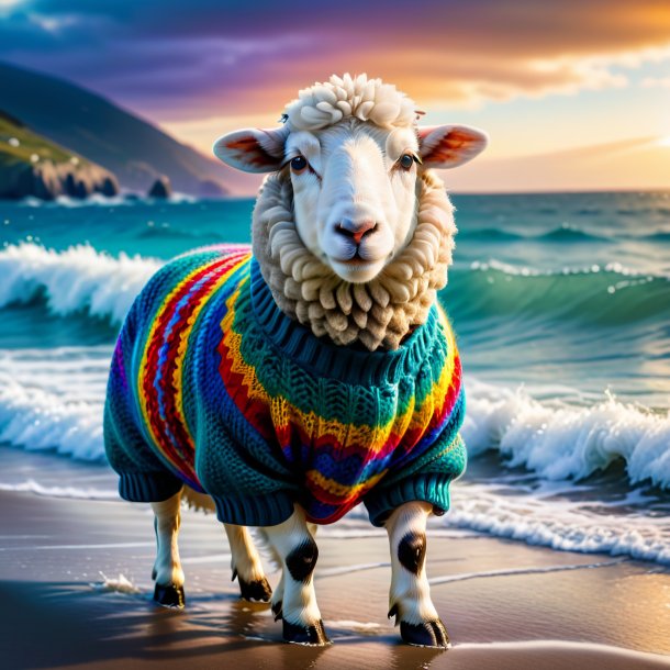 Photo of a sheep in a sweater in the sea