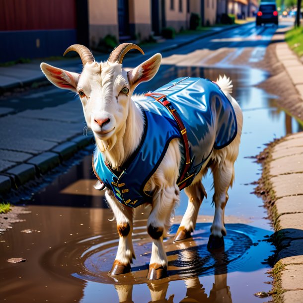 Photo of a goat in a vest in the puddle