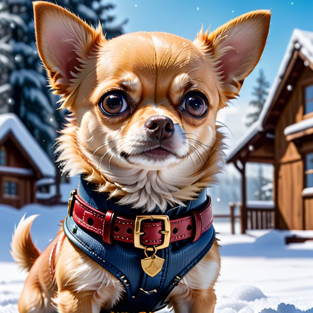 Imagem de um chihuahua em um cinto na neve