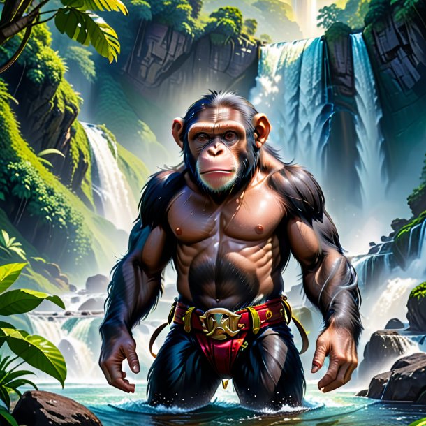 Illustration of a chimpanzee in a belt in the waterfall