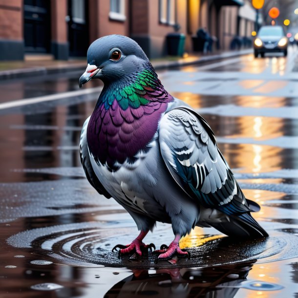 Drawing of a pigeon in a coat in the puddle