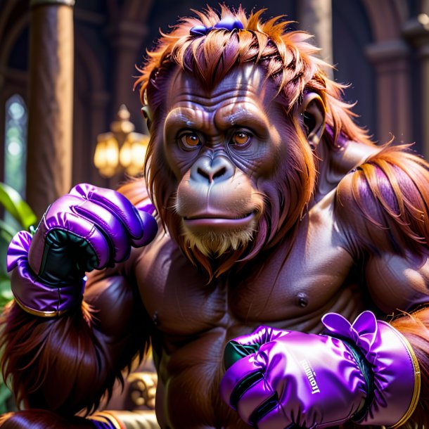 Picture of a orangutan in a purple gloves