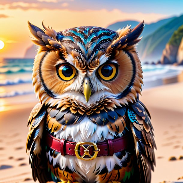 Photo of a owl in a belt on the beach