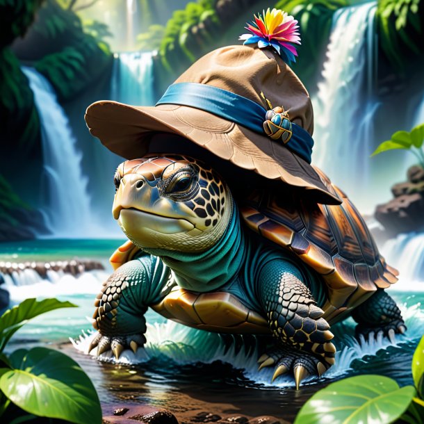 Image of a tortoise in a hat in the waterfall