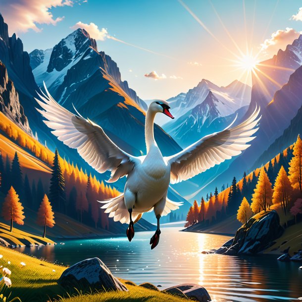 Picture of a jumping of a swan in the mountains