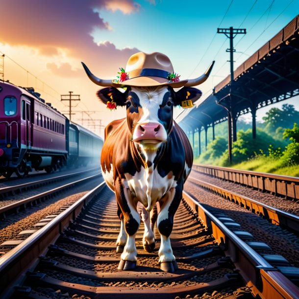 Pic of a cow in a hat on the railway tracks