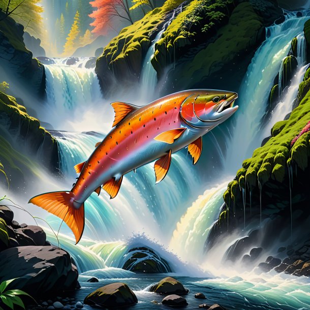 Drawing of a salmon in a coat in the waterfall