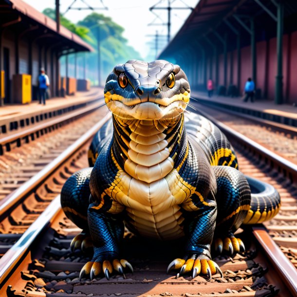 Ilustración de la cobra real en el chaleco sobre las vías del ferrocarril