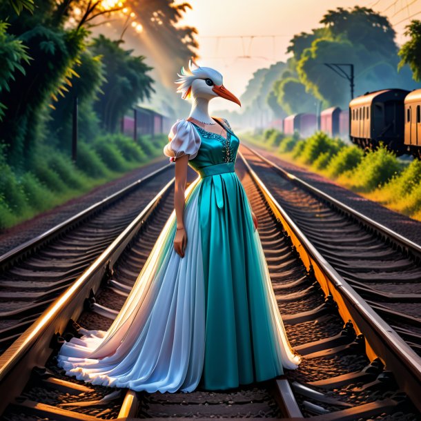 Picture of a stork in a dress on the railway tracks