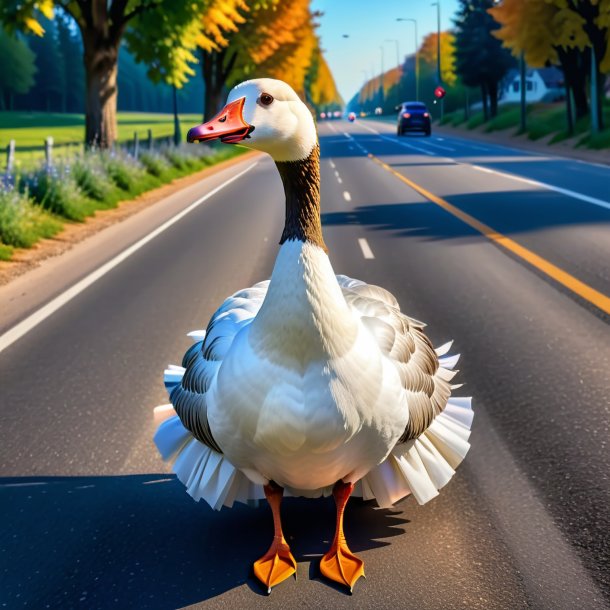 Pic of a goose in a skirt on the road