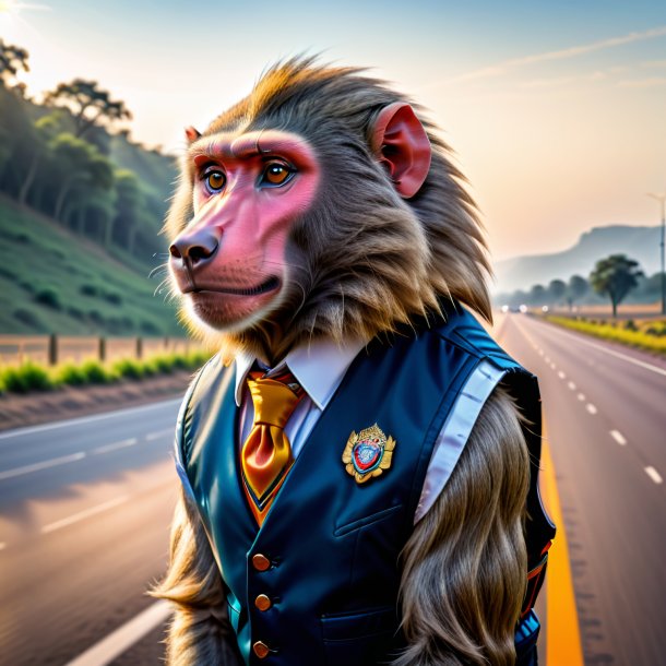 Foto de um babuíno em um colete na rodovia