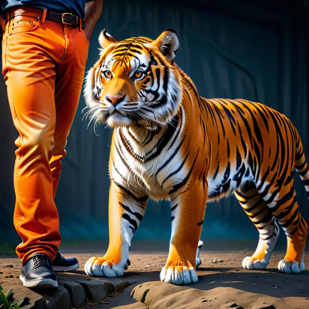 Foto de un tigre en un jeans naranja