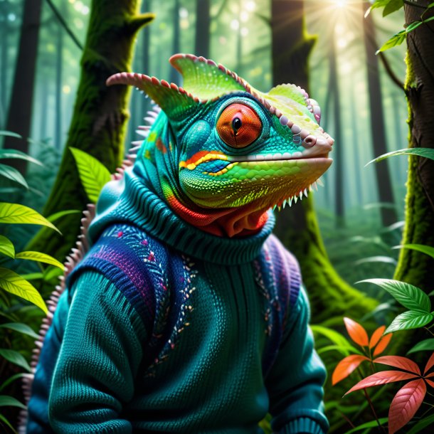 Pic of a chameleon in a sweater in the forest