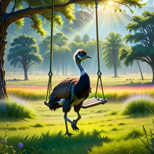 Image of a swinging on a swing of a emu in the meadow