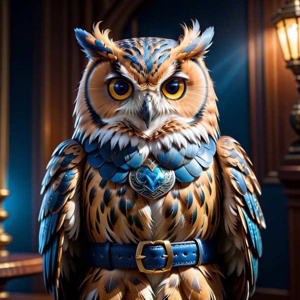 Photo of a owl in a blue belt