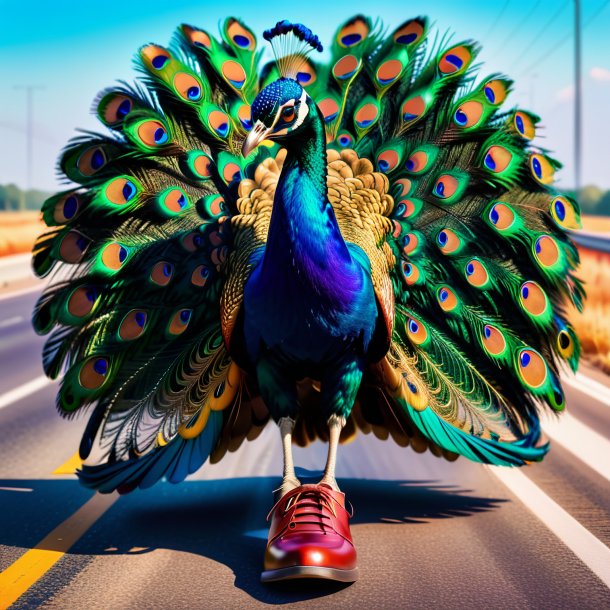 Foto de un pavo real en un zapato en la carretera