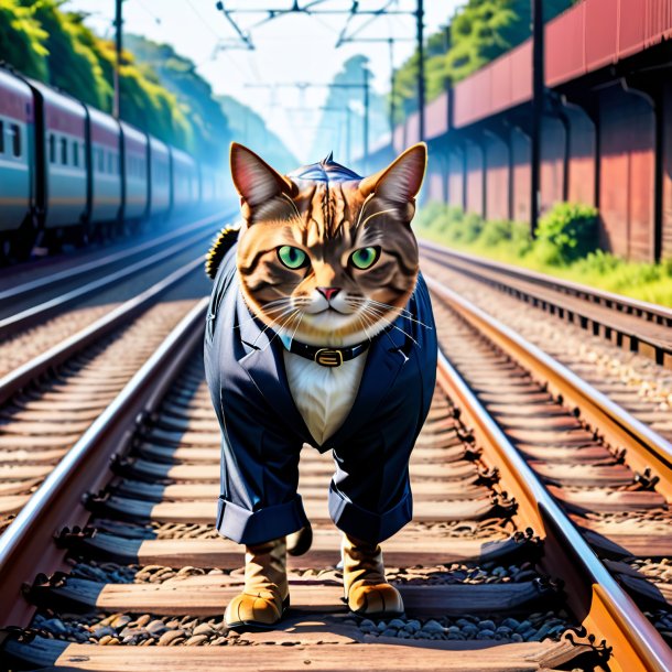 Foto de um atum em uma calça nos trilhos ferroviários