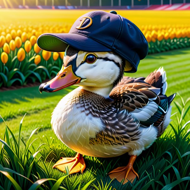 Drawing of a duck in a cap on the field