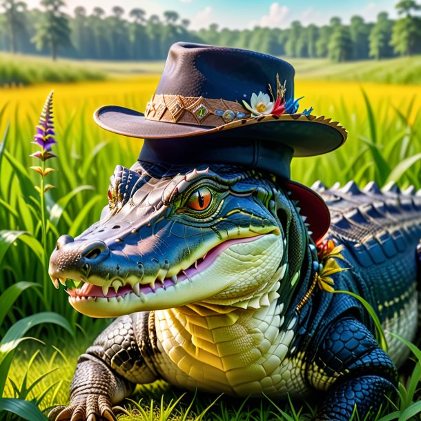 Pic d'un alligator dans un chapeau dans la prairie