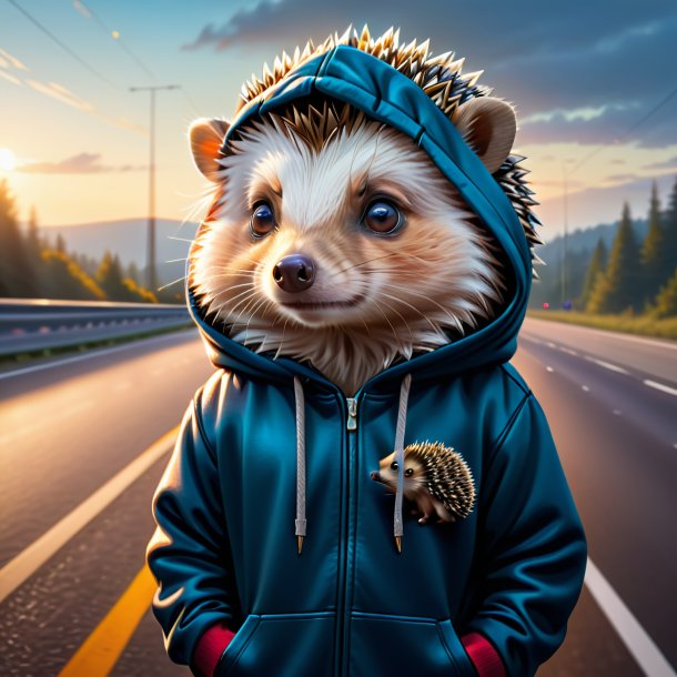 Drawing of a hedgehog in a hoodie on the highway