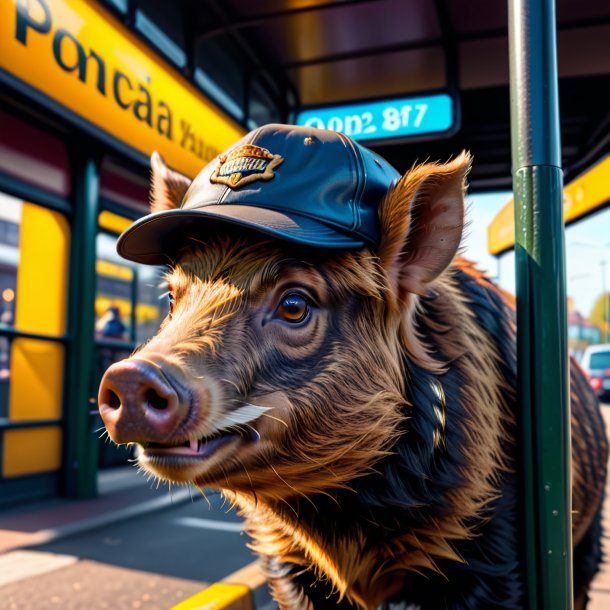 Pic of a boar in a cap on the bus stop