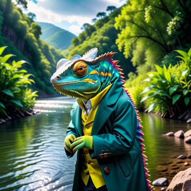 Photo of a chameleon in a coat in the river